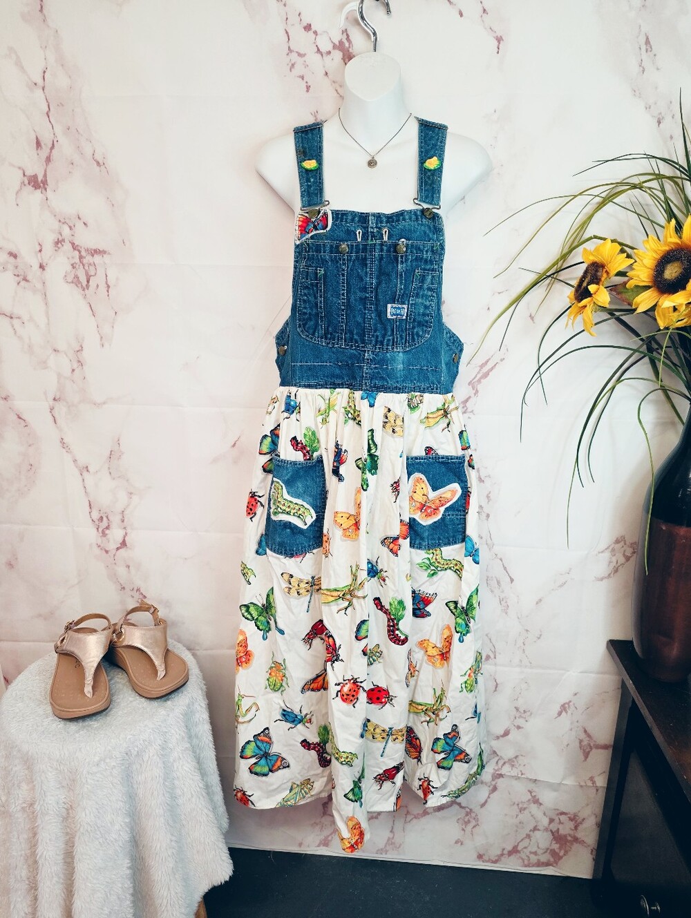 Upcycled Vintage Patchwork Overall Maxi Dress Butterflies Cottagecore USA - Picture 2 of 9